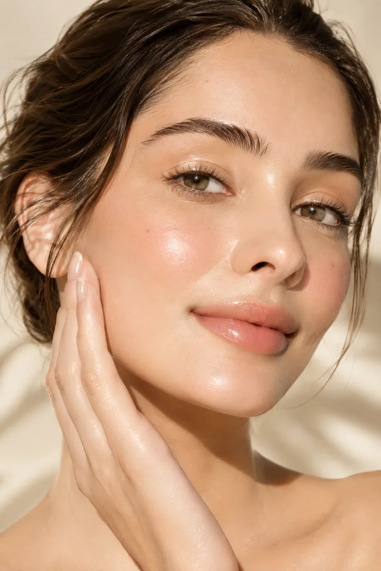 Woman with radiant glowing skin after a brightening skincare routine