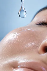Water droplet on smooth hydrated skin illustrating hyaluronic acid's moisture-binding effect