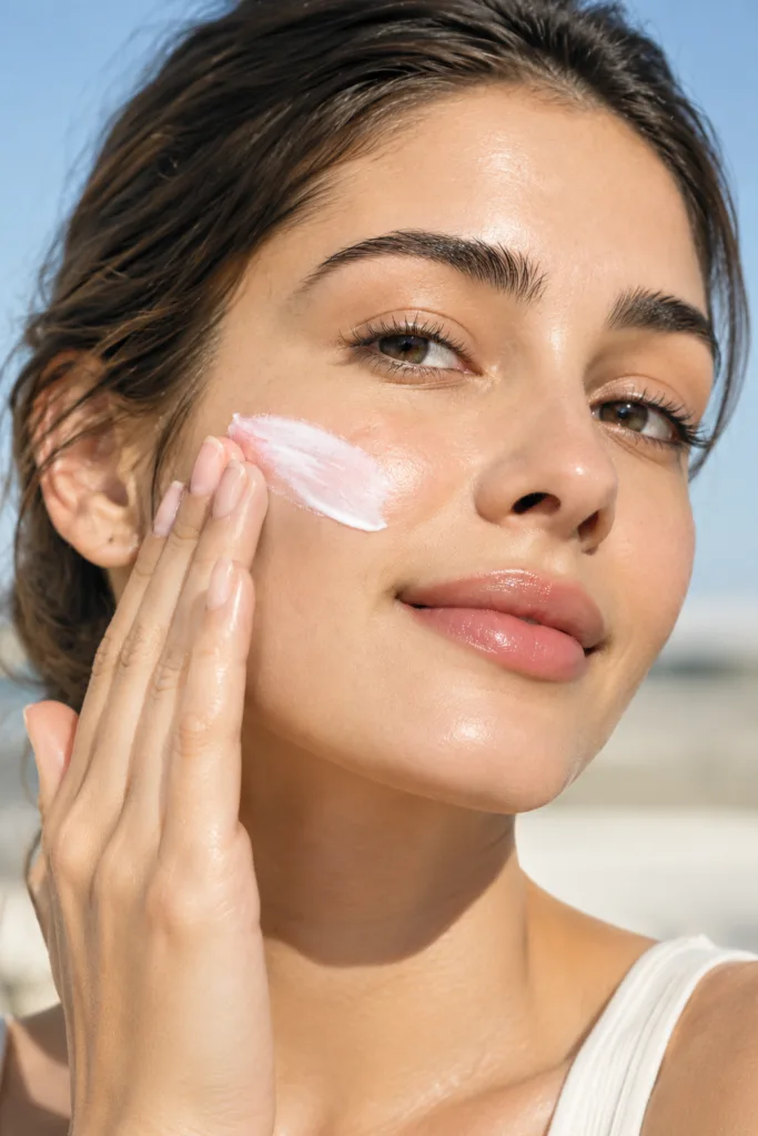 Person applying non-greasy SPF 60 sunscreen for daily sun protection