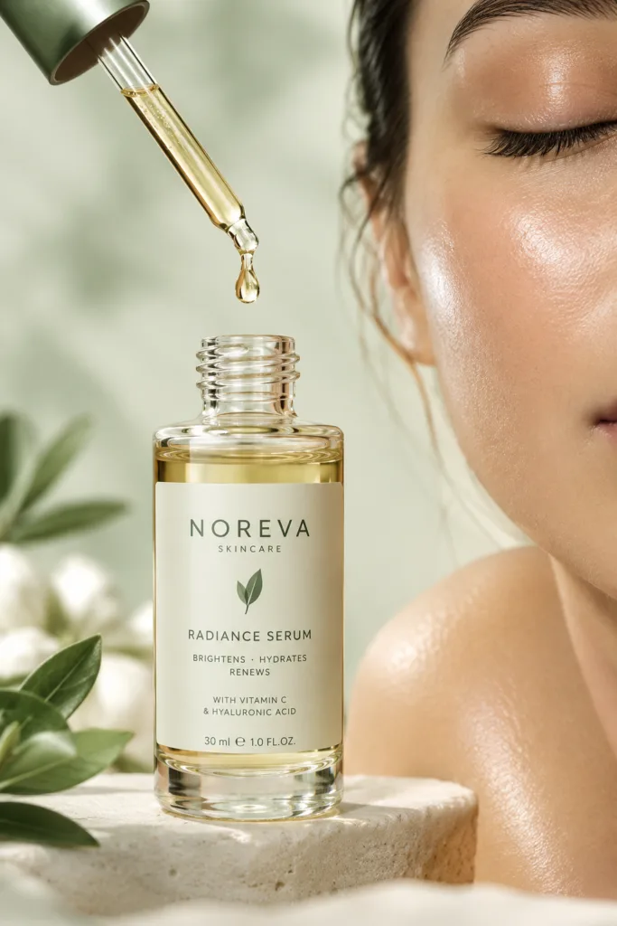 Glass dropper bottle of Noréva mandelic acid serum with a drop suspended above glowing skin