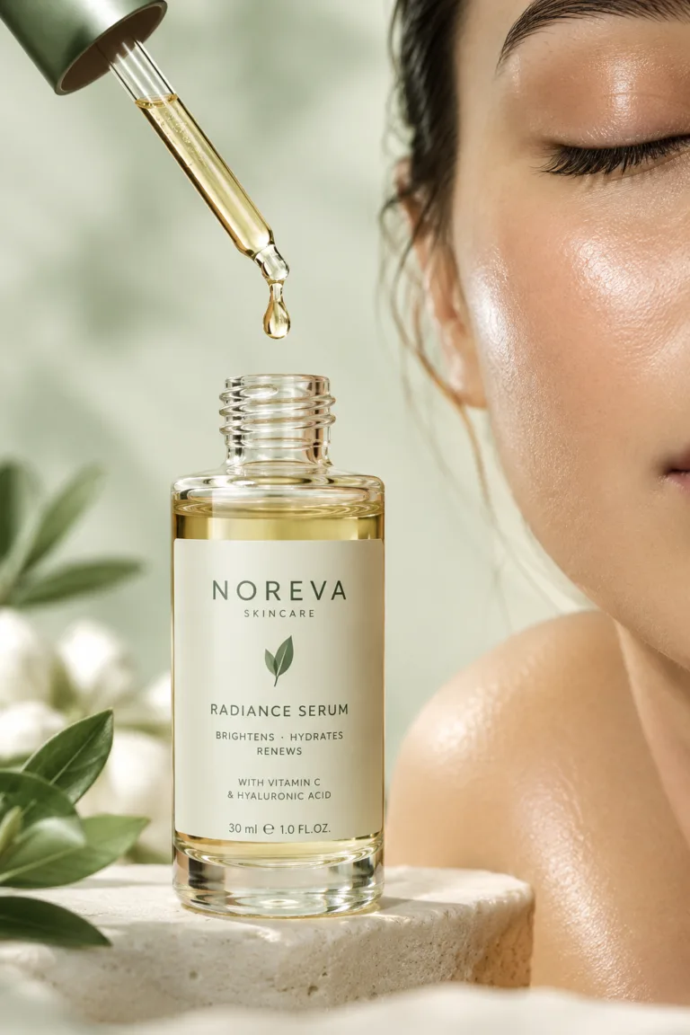 Glass dropper bottle of Noréva mandelic acid serum with a drop suspended above glowing skin