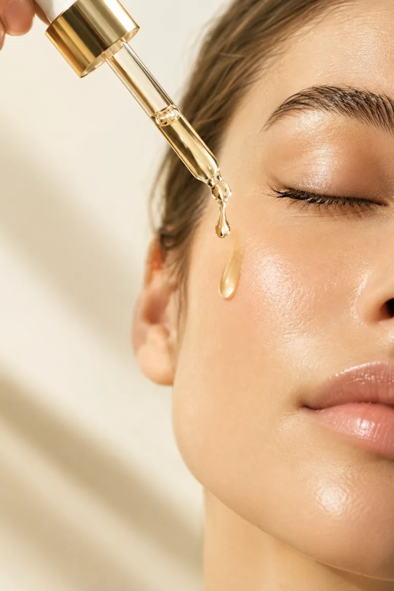 Applying Vitamin C serum drop by drop to clean skin as part of a morning routine