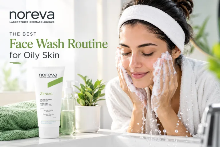 Noreva face wash routine for oily skin with a woman cleansing her face and Noreva Zeniac purifying cleansing gel