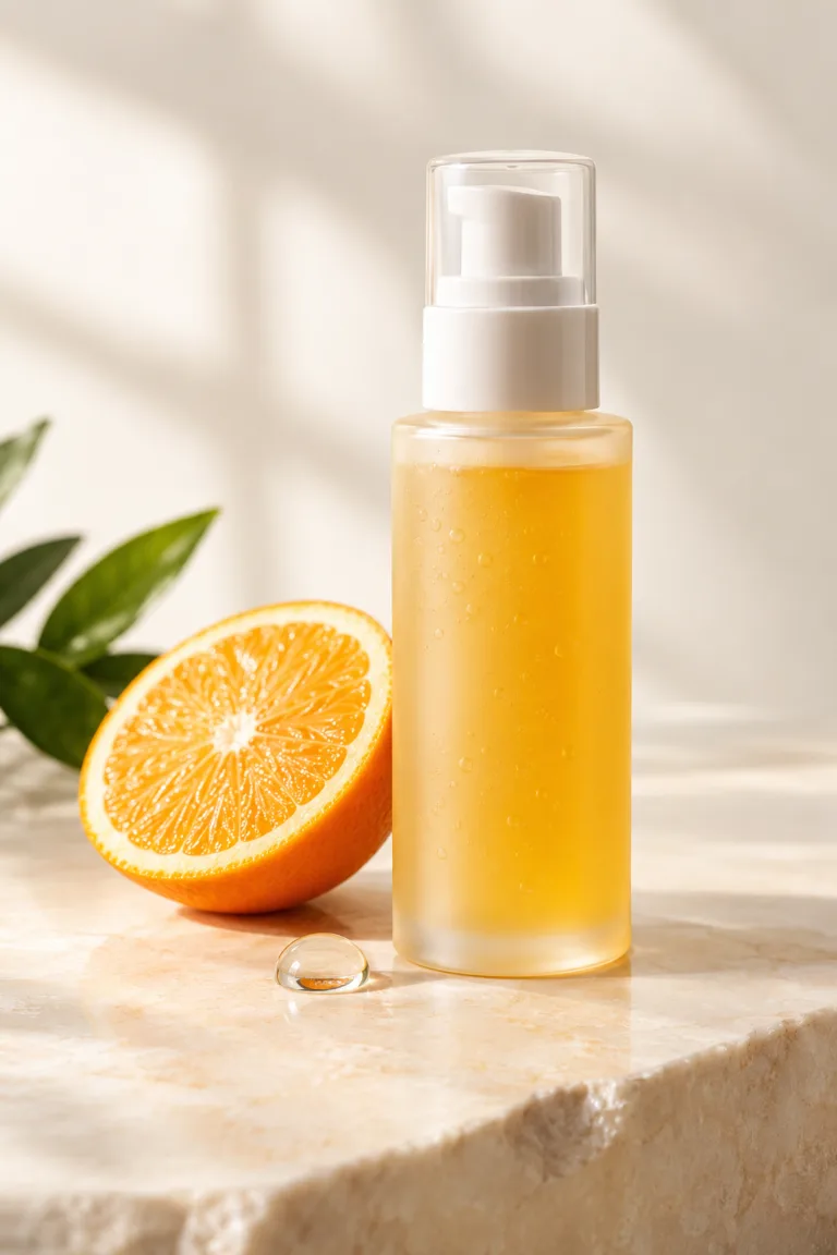 Bottle of vitamin C face wash beside a halved orange on a cream surface