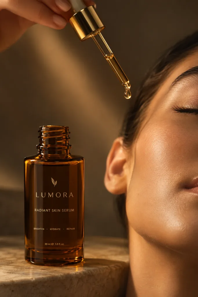 Retinol serum dropper bottle beside smooth skin, representing a gentle nighttime retinol routine