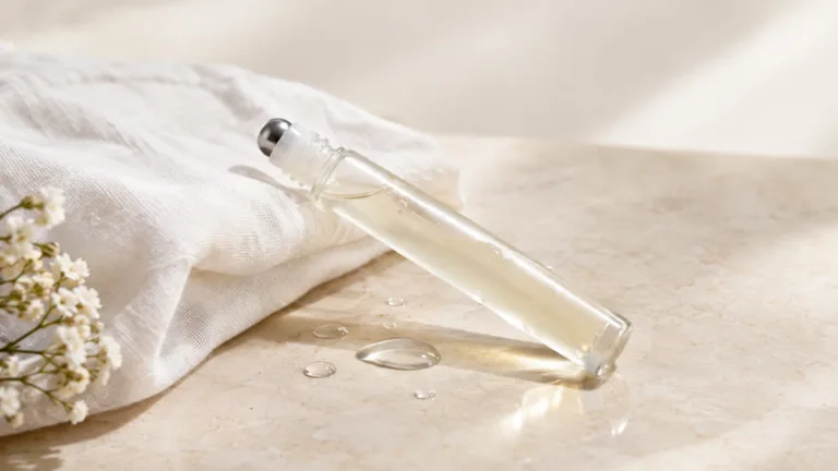 Roll-on eye treatment bottle in soft morning light