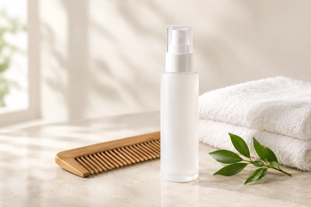 White scalp spray bottle beside a wooden comb and folded towel on a cream stone surface