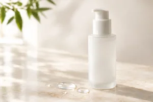 Frosted skincare bottle beside clear water droplets on a smooth cream surface