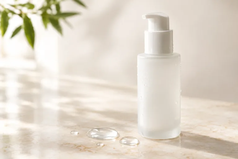Frosted skincare bottle beside clear water droplets on a smooth cream surface