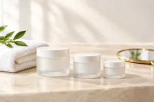 Three white cream jars beside a folded towel and a hand mirror on a cream stone surface