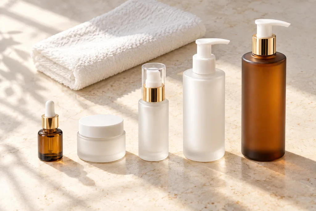Row of five skincare bottles and jars arranged in order on a cream stone surface