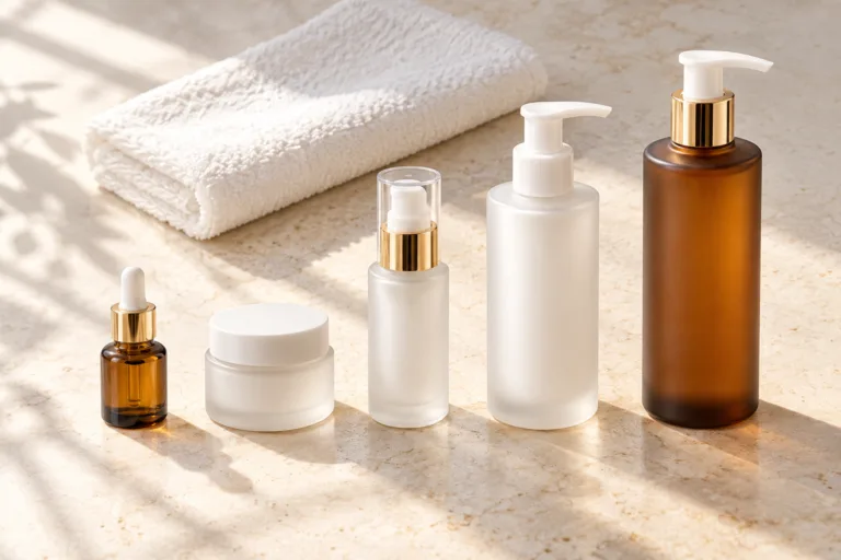 Row of five skincare bottles and jars arranged in order on a cream stone surface