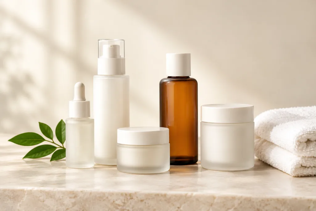 Row of skincare bottles and jars with a green leaf on a cream stone surface