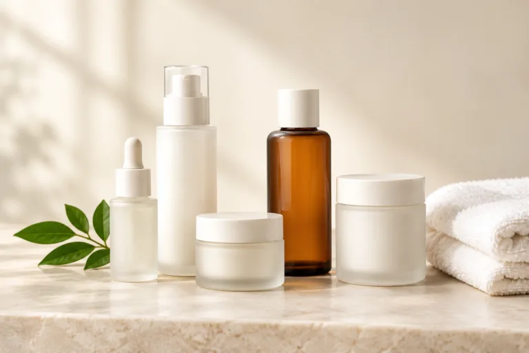 Row of skincare bottles and jars with a green leaf on a cream stone surface
