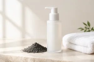 White face wash bottle on a cream stone surface beside dark charcoal powder