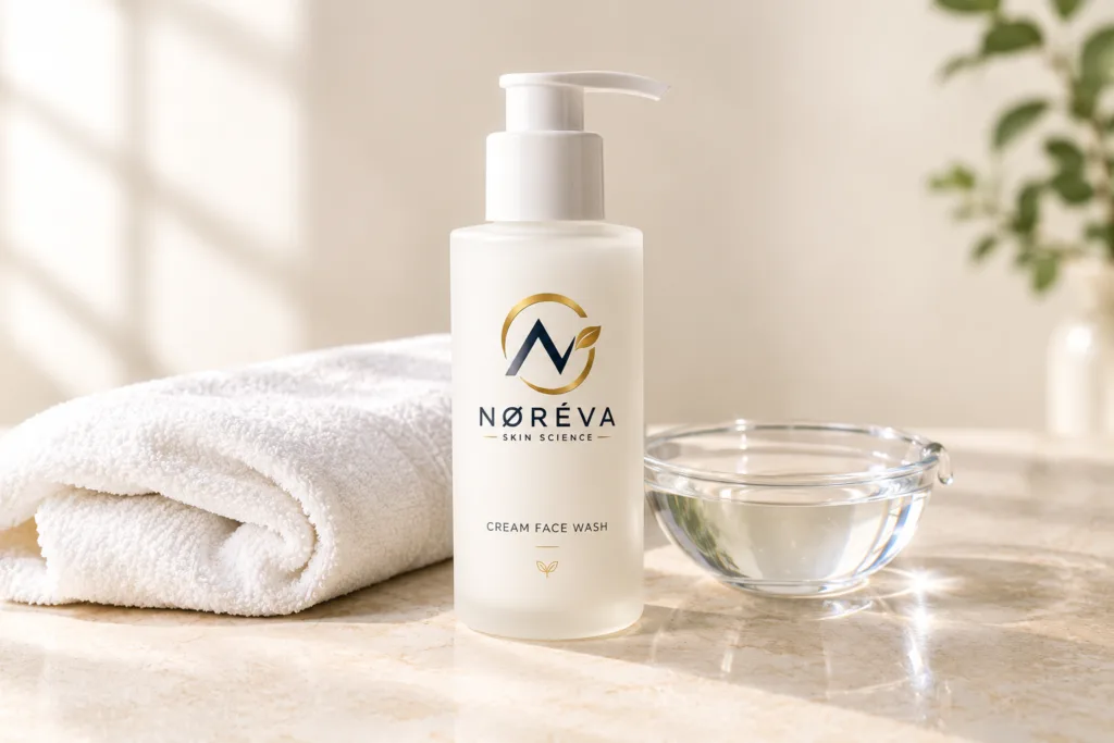 White cream face wash bottle beside a folded linen towel on a cream stone surface