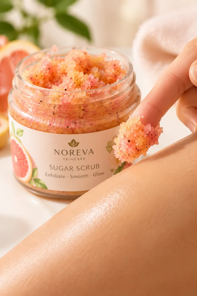 Nøréva Rainbow Shea Sugar scrub being applied as a weekly skin polish treatment
