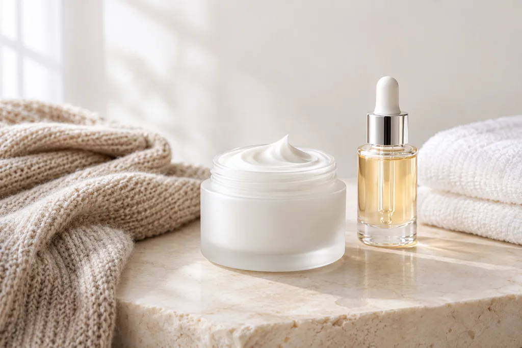 Cream jar and serum bottle beside a knitted scarf on a cream stone surface