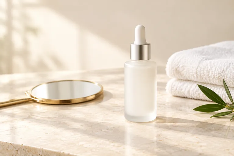 White dropper bottle beside a hand mirror and folded towel on a cream stone surface