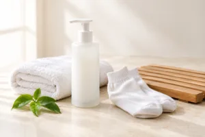 White foot wash bottle beside a folded towel and cotton socks on a cream surface