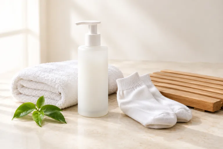 White foot wash bottle beside a folded towel and cotton socks on a cream surface