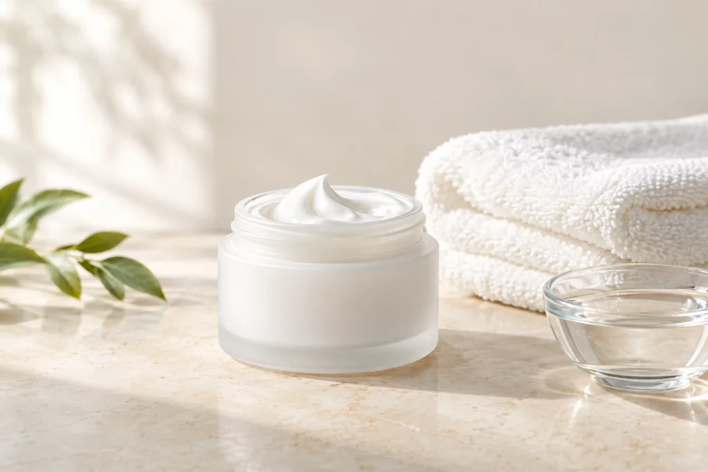 Open white moisturiser jar with soft cream beside a folded towel on a cream surface