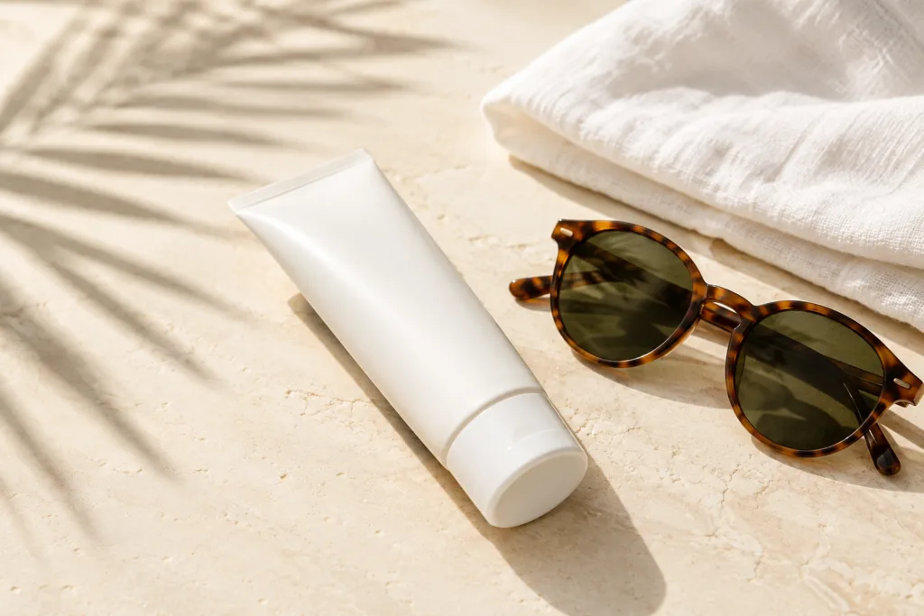 White sunscreen tube beside sunglasses and a linen cloth on a cream stone surface
