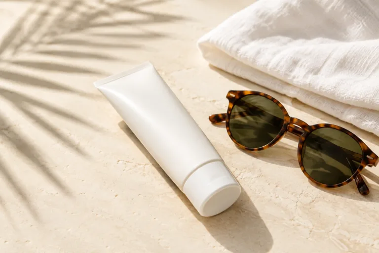 White sunscreen tube beside sunglasses and a linen cloth on a cream stone surface